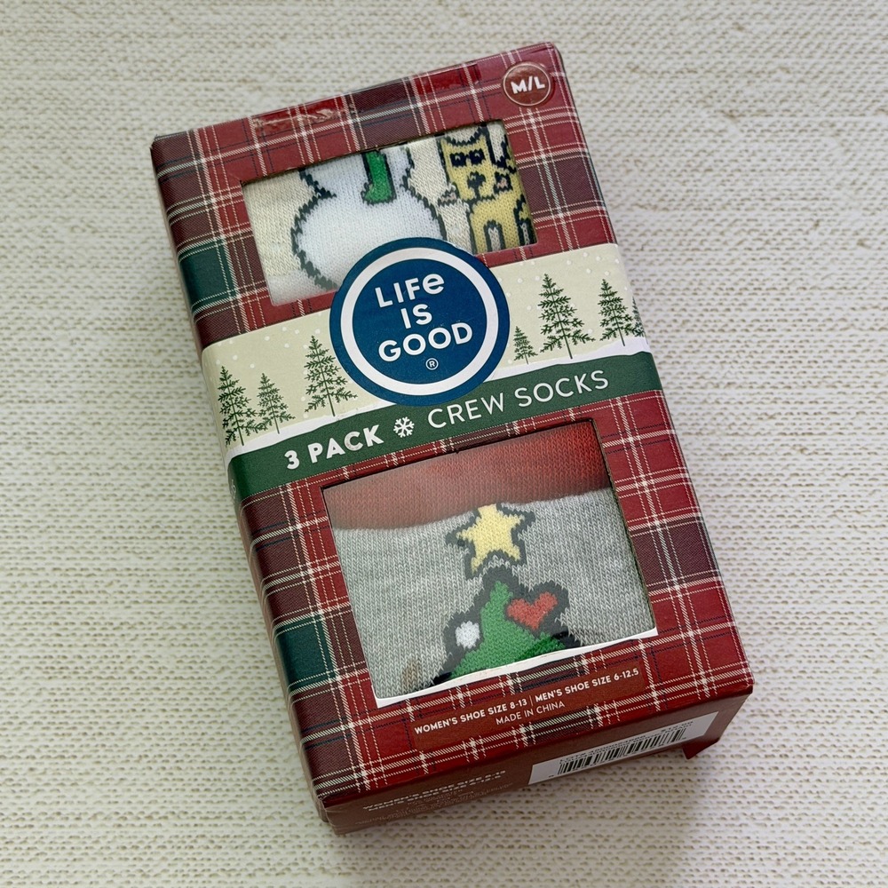 New Life Is Good 3 Pack Box Set Unisex M/L Crew Socks Christmas W 8-13 M 6-12.5